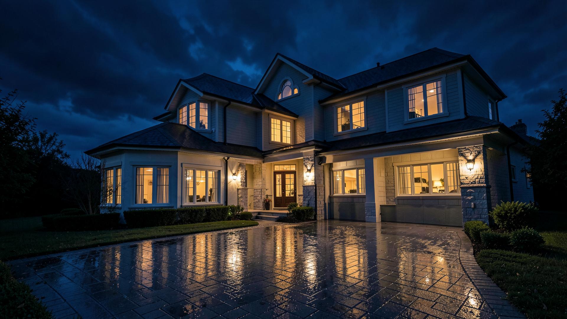 Freshly cleaned home with a wet reflective driveway at night